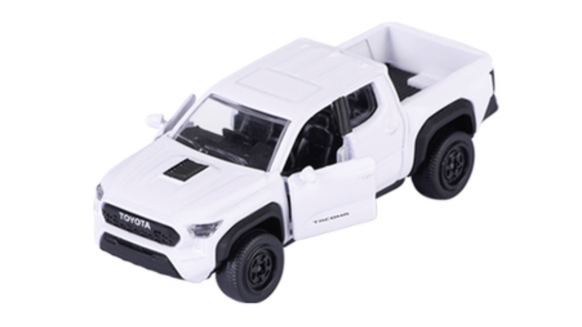 Biały model samochodu Toyota Tacoma TRD PRO w skali 1:64 z otwartymi drzwiami. Na masce widoczne jest logo \'TOYOTA\'.