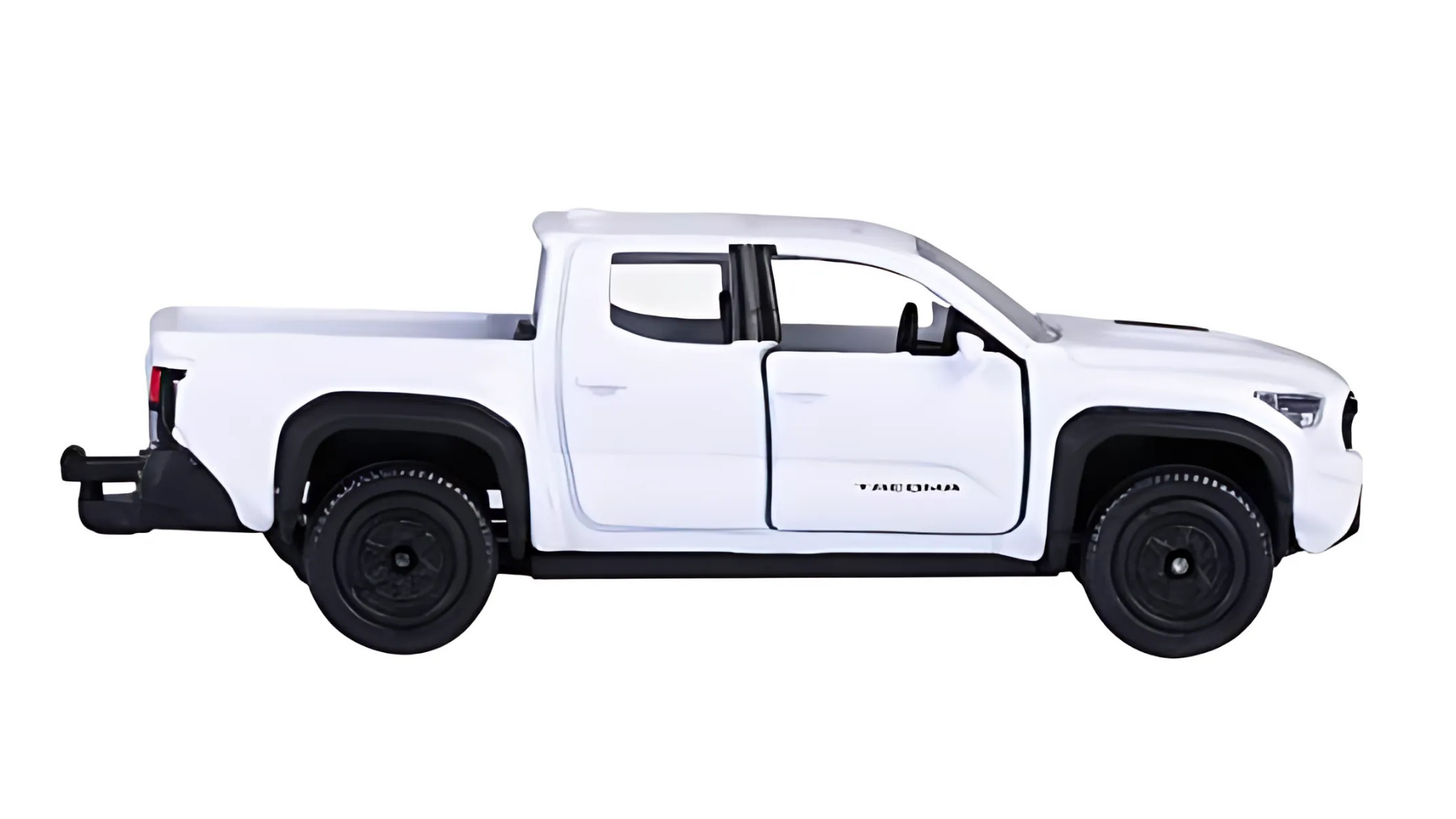 Model samochodu w kolorze białym, przedstawiający pick-up z czarnymi kołami i napisem \'TACOMA\' na drzwiach. Pojazd ma szczegółowo odwzorowane elementy, takie jak reflektory i zderzaki.