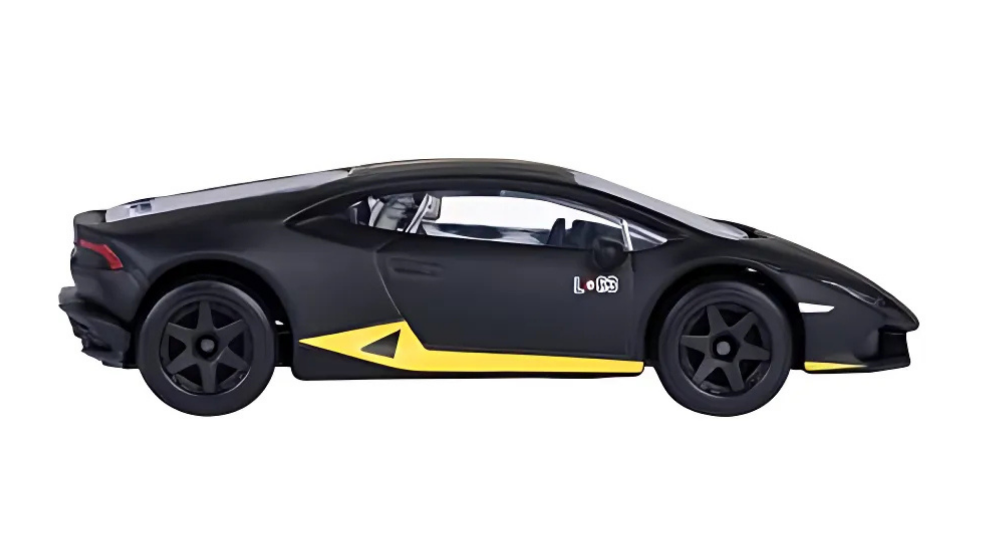 Model samochodu w skali 1:64 przedstawiający czarny pojazd sportowy z żółtymi akcentami na dolnej części karoserii. Na drzwiach widoczne jest logo \'L 063\'.