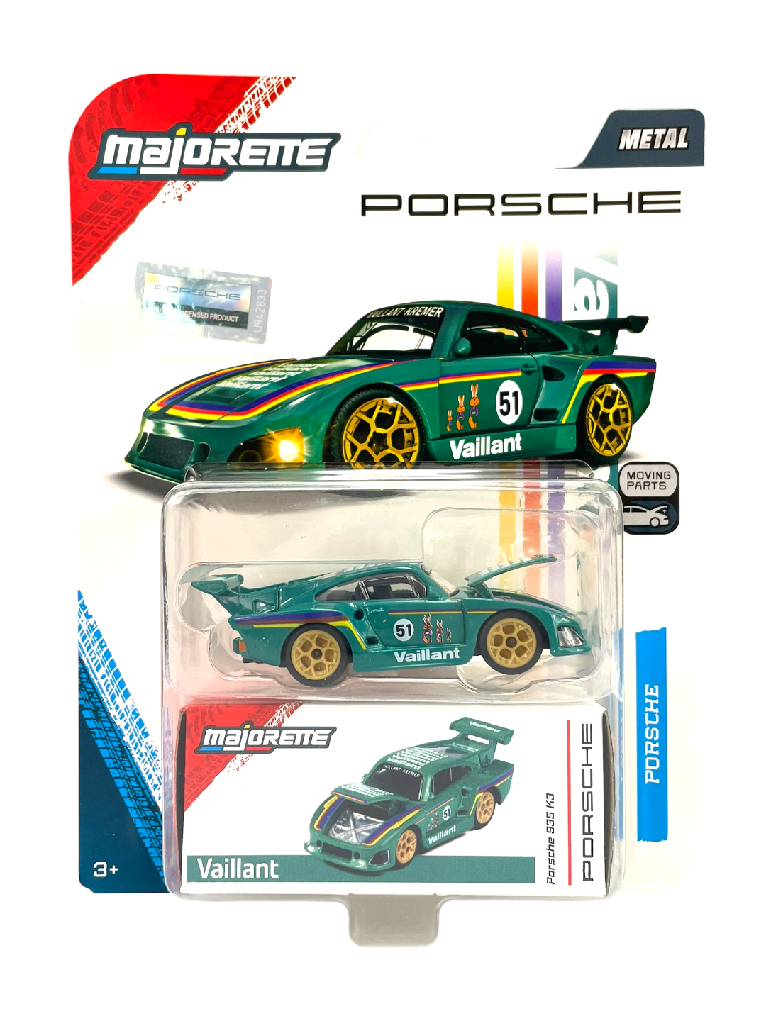 Opakowanie z metalowym modelem samochodu Majorette Porsche 935 K3 w skali 1:64, w kolorze zielonym z numerem 51 i napisem \'Vaillant\'. Widoczne logo \'Majorette\' oraz napis \'Porsche\' na tle opakowania.