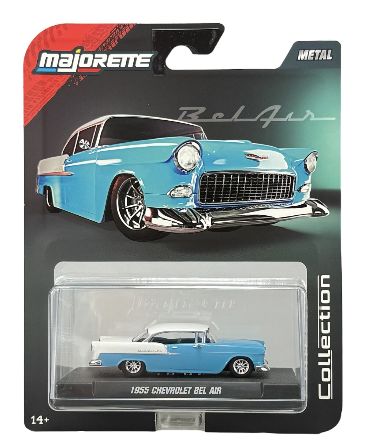 Opakowanie modelu samochodu Majorette z widocznym niebieskim 1955 Chevrolet Bel Air. Na opakowaniu znajduje się napis \'1955 CHEVROLET BEL AIR\' oraz logo \'Majorette\'.