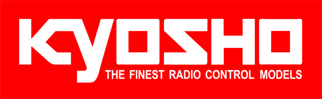 Logo z białym napisem \'KYOSHO THE FINEST RADIO CONTROL MODELS\' na czerwonym tle.
