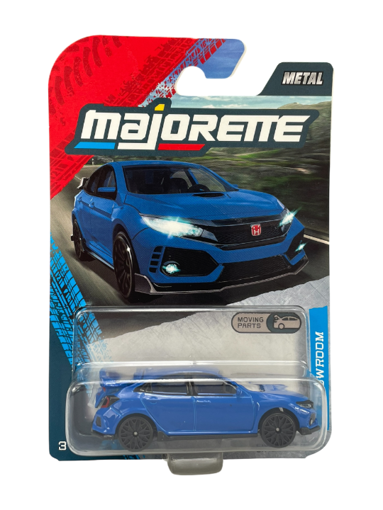 Opakowanie z metalowym modelem samochodu w kolorze niebieskim, z widocznym logo \'majorette\' i napisem \'METAL\'.