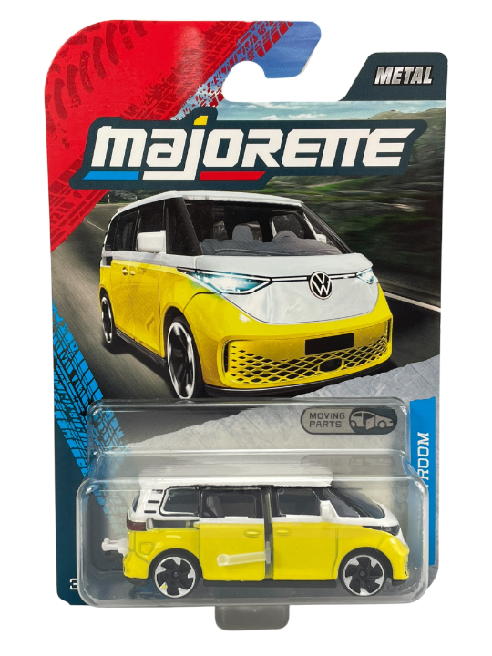 Opakowanie z metalowym modelem samochodu Volkswagen ID. Buzz w skali 1:65, w kolorze żółtym z białymi elementami. Na opakowaniu widoczne jest logo \'Majorette\' oraz napis \'METAL\'.