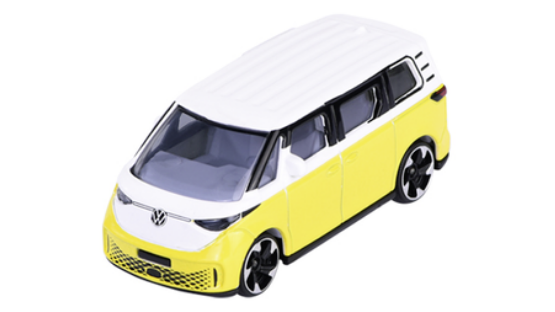 Model samochodu w skali 1:65 przedstawiający Volkswagen ID. Buzz, w kolorze żółto-białym z czarnymi szybami i kołami. Na przodzie widoczne jest logo Volkswagen.