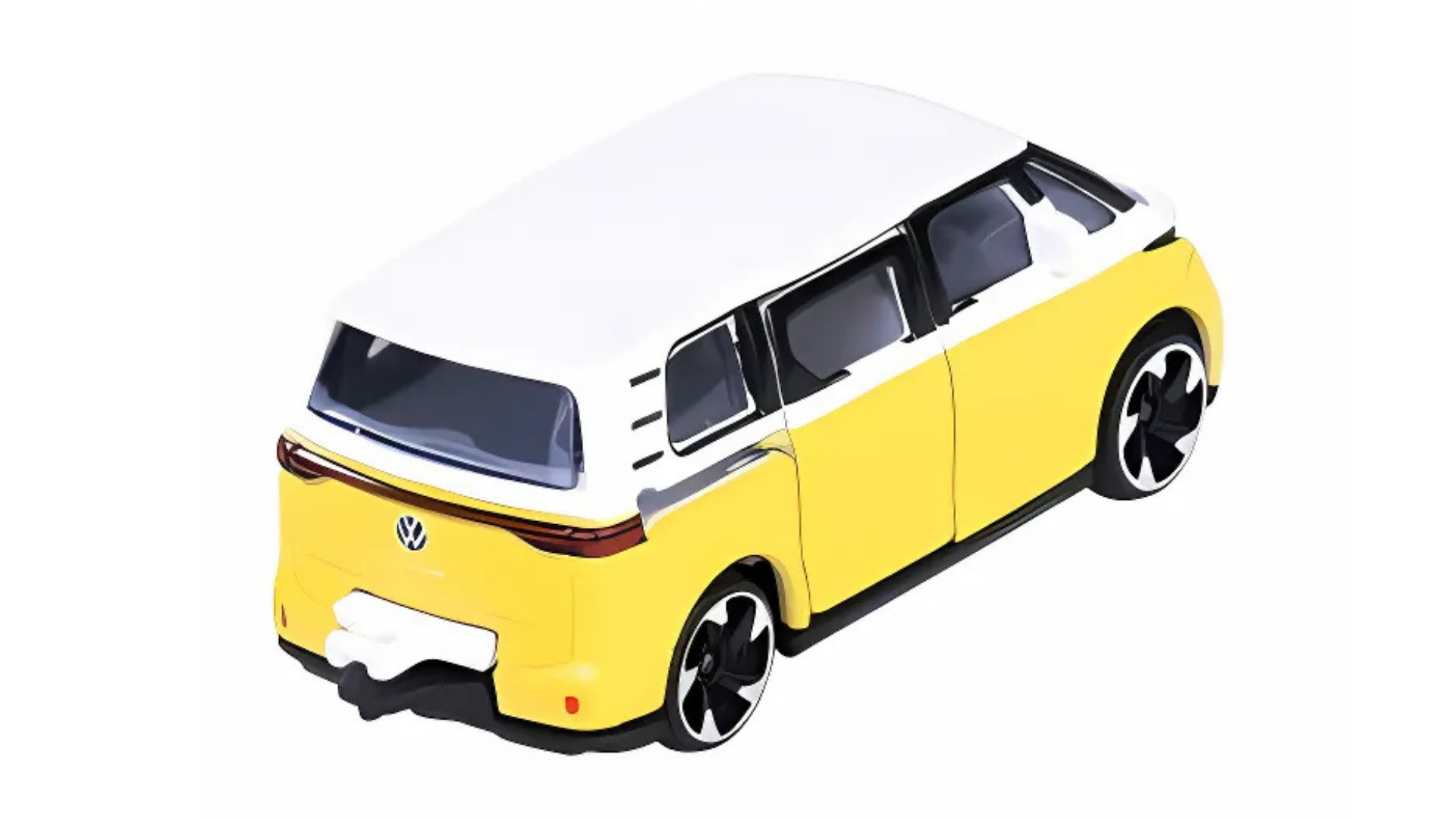 Model samochodu w skali 1:65 przedstawia żółto-biały pojazd z czarnymi szybami i dużymi, czarnymi kołami. Na tylnej części widoczne jest logo producenta.