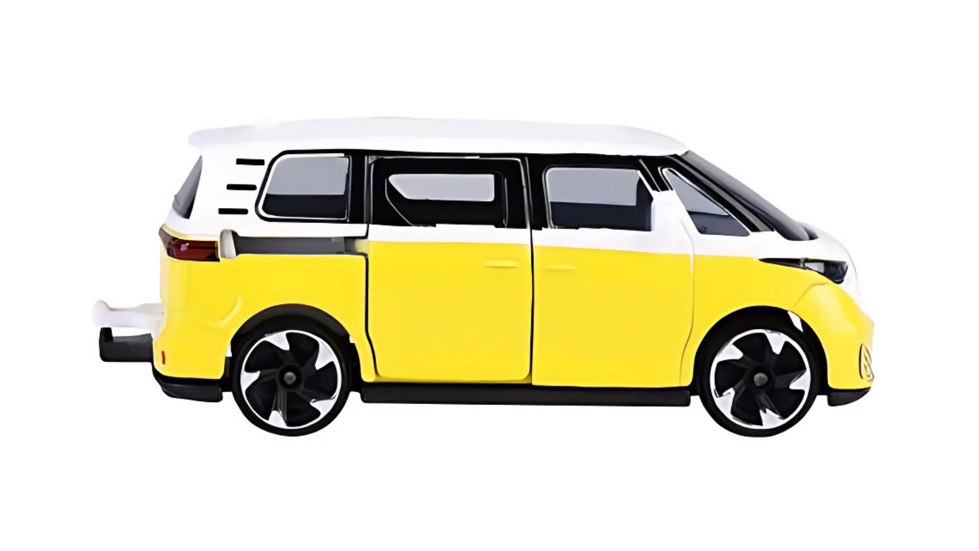 Model samochodu w skali 1:65 przedstawiający żółto-biały pojazd z czarnymi szybami i kołami. Samochód ma charakterystyczny, nowoczesny design z wyraźnymi liniami i detalami.