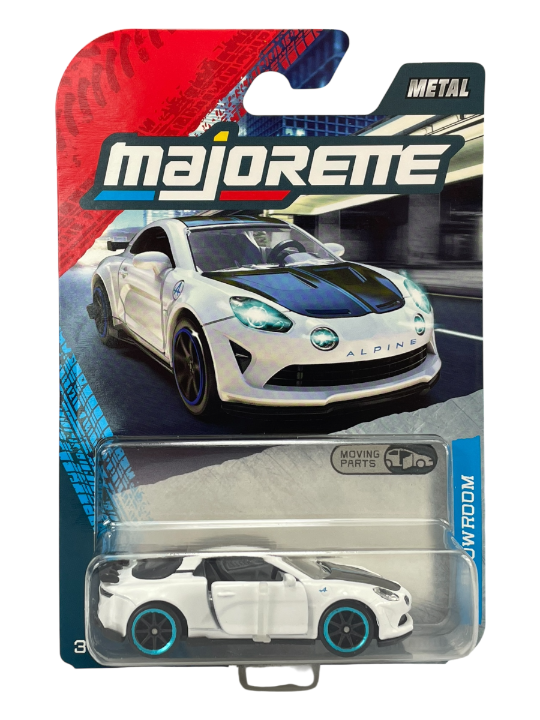 Opakowanie modelu samochodu Majorette z białym Alpine A110R w skali 1:64. Na opakowaniu widnieje napis \'METAL\' oraz \'MOVING PARTS\'.