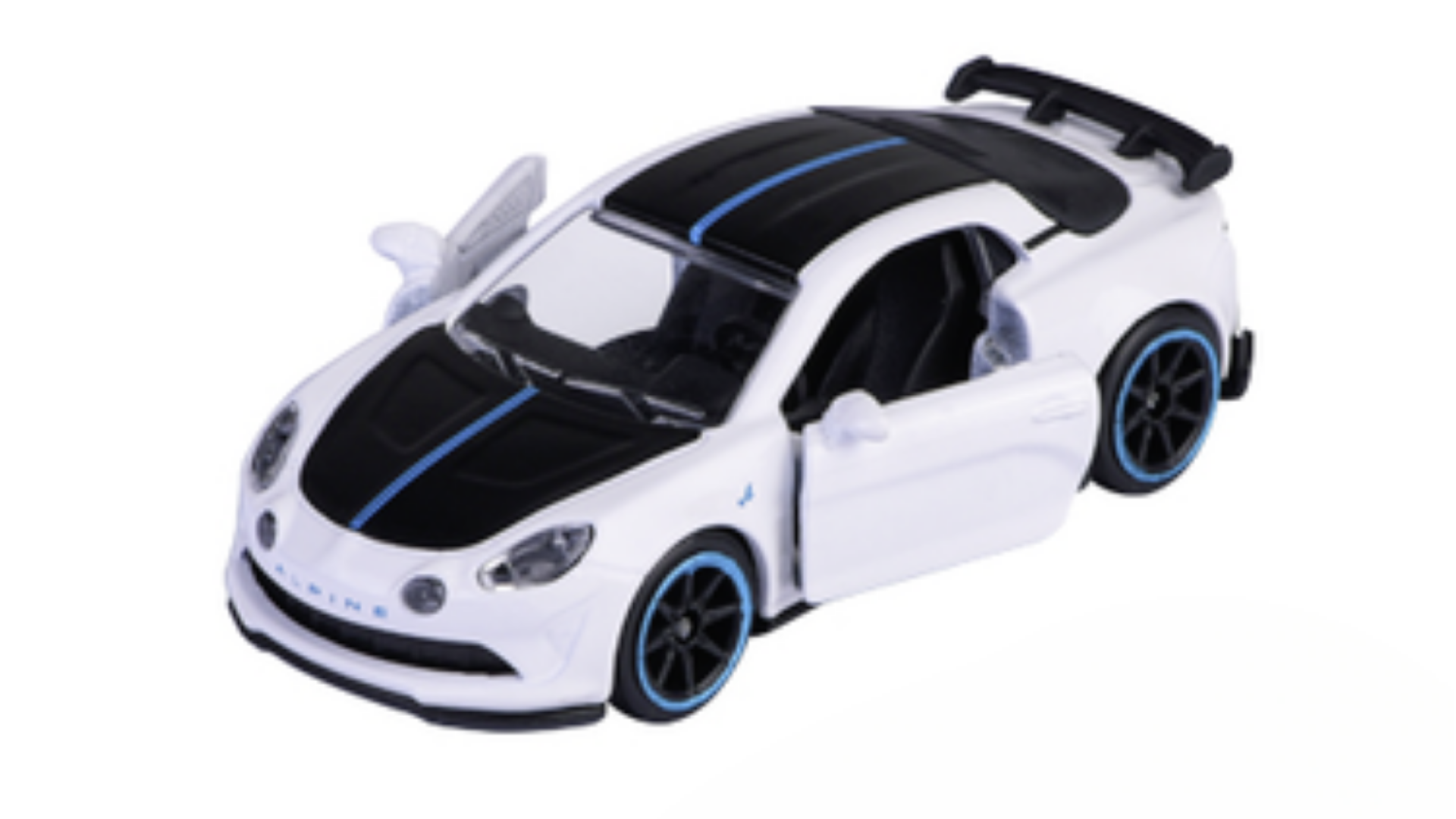 Model samochodu w skali 1:64, biały z czarnymi i niebieskimi detalami, z otwartymi drzwiami. Na przodzie widoczny napis \'ALPINE\'.