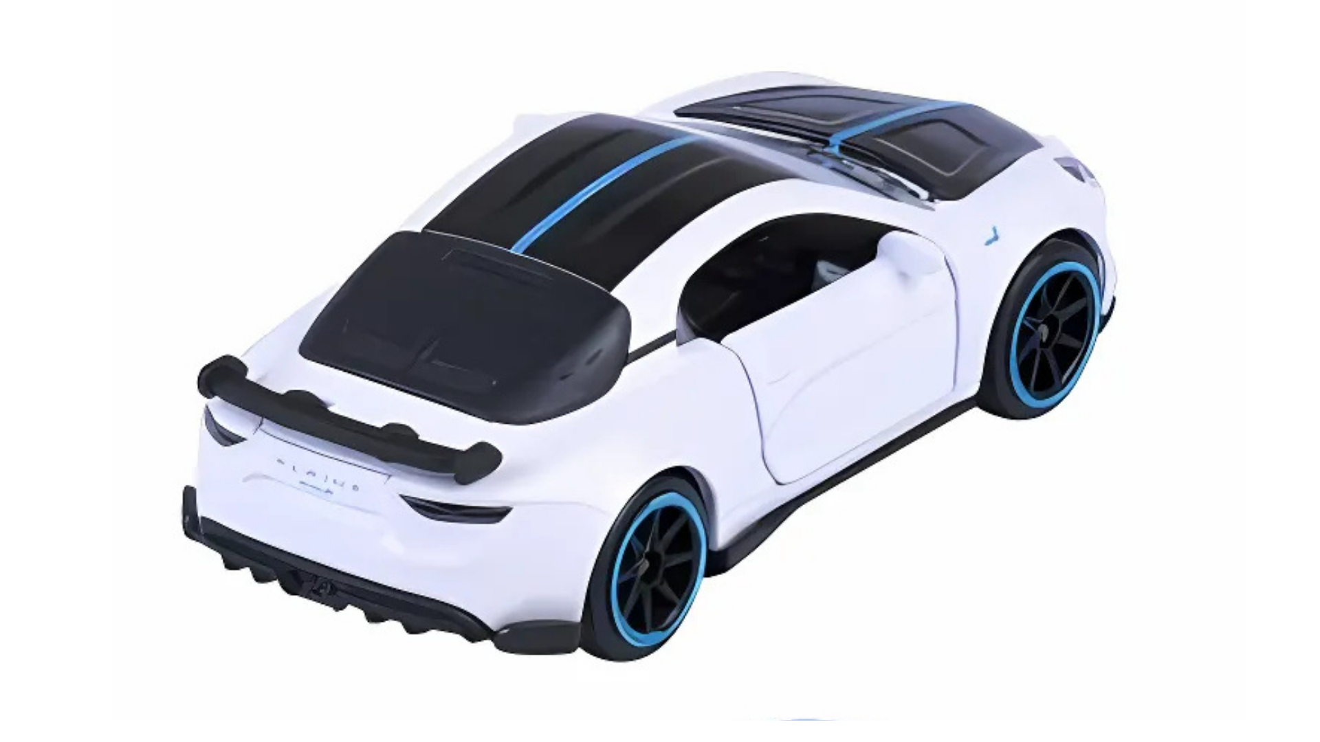 Model samochodu w skali 1:64, biały z czarnymi i niebieskimi detalami, przedstawiający sportowy pojazd z otwartymi drzwiami. Na tylnej części widoczne jest logo \'Alpine\'.