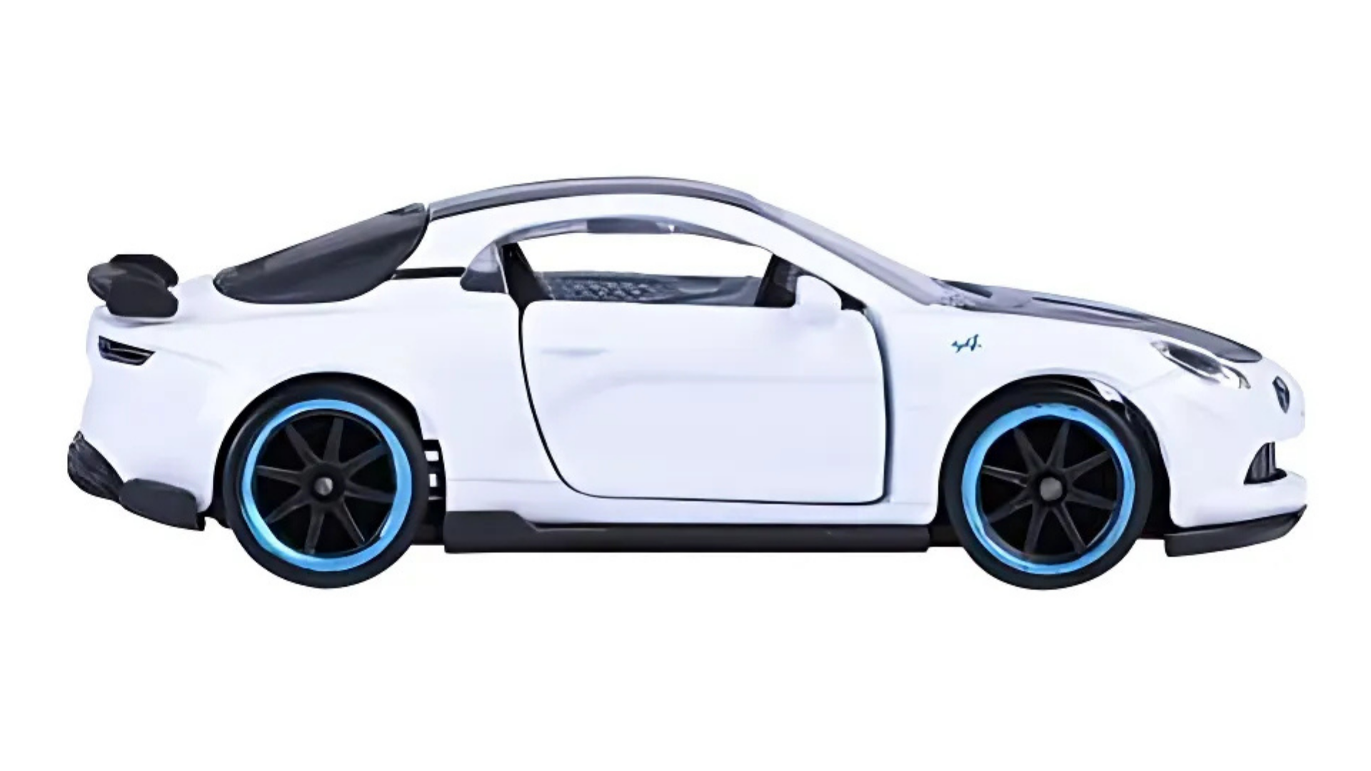Model samochodu w skali 1:64, przedstawiający biały sportowy pojazd z czarnymi i niebieskimi detalami na kołach oraz logo \'A\' na boku.