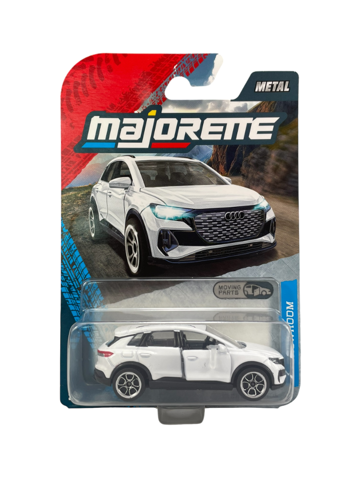 Opakowanie z metalowym modelem samochodu Audi Q4 E-Tron w skali 1:62, z widocznym logo \'Majorette\' i napisem \'METAL\'.
