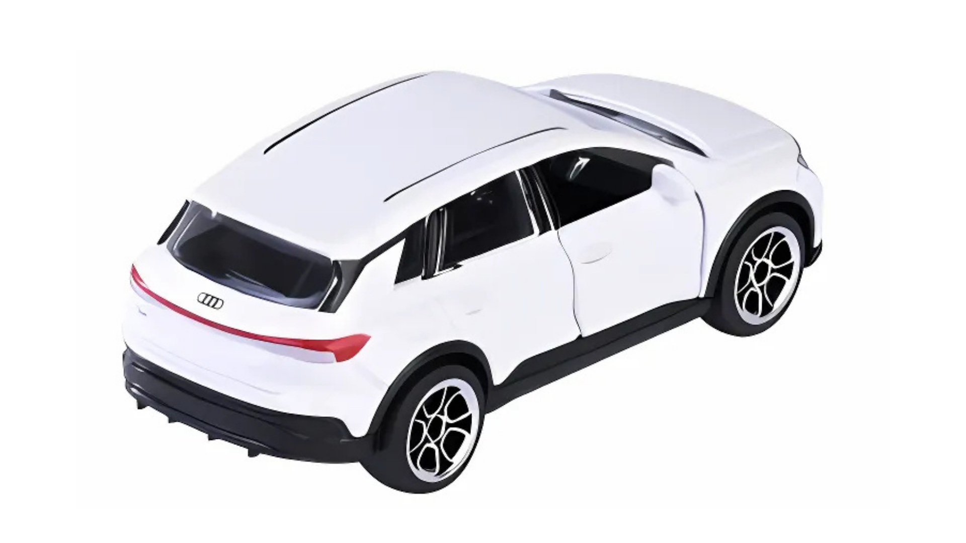 Model samochodu w kolorze białym, przedstawiający Audi Q4 E-Tron w skali 1:62. Na tylnej części pojazdu widoczne jest logo Audi.