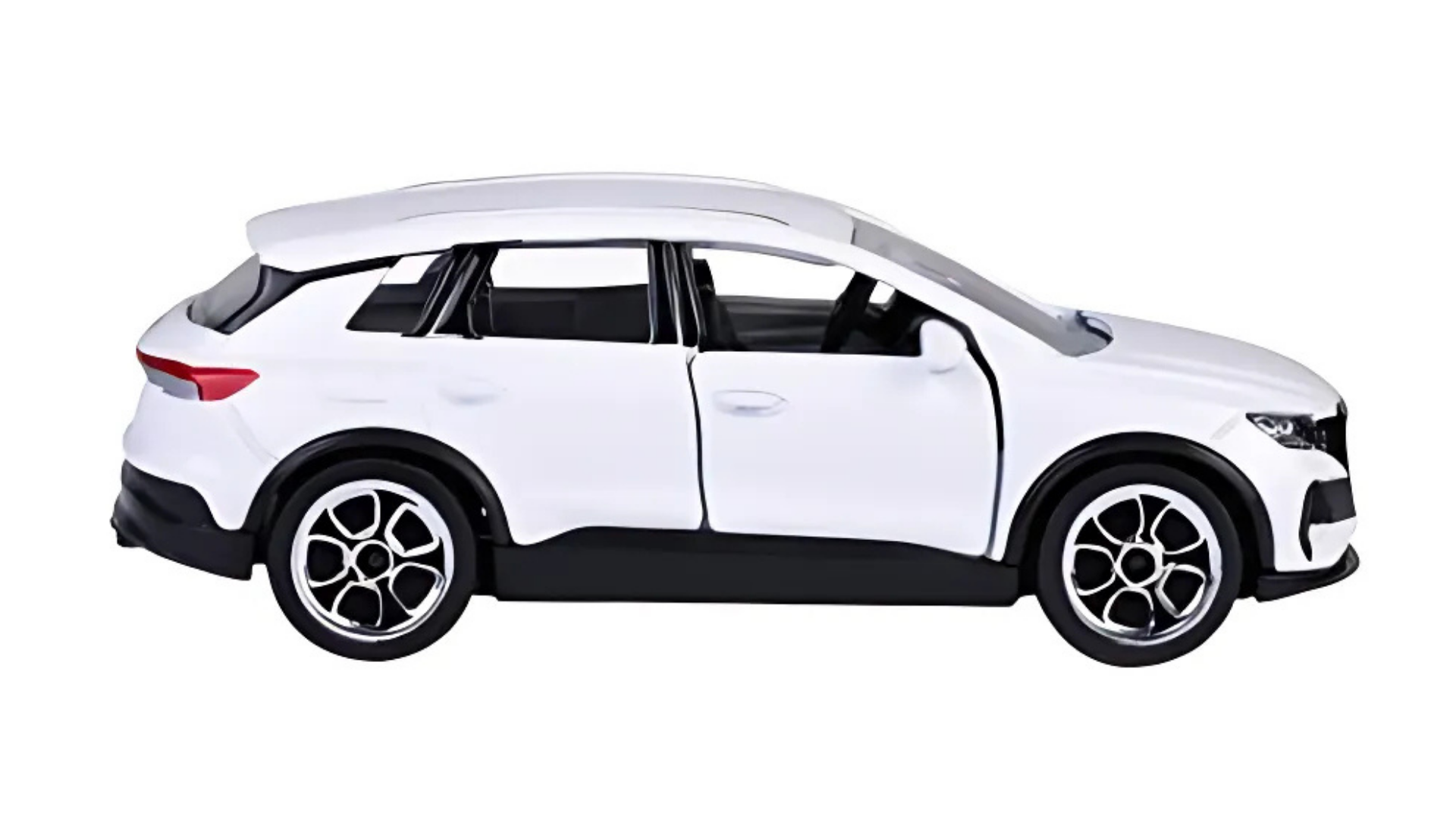 Model samochodu w kolorze białym z czarnymi elementami, przedstawiający pojazd typu SUV. Posiada szczegółowe koła i realistyczne detale nadwozia.