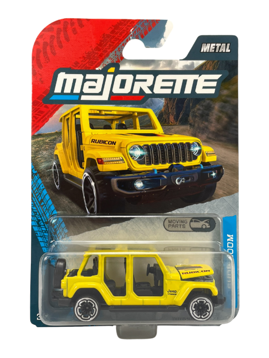 Opakowanie z metalowym modelem samochodu Jeep Wrangler 4XE w kolorze żółtym, z widocznym logo \'Majorette\' i napisem \'RUBICON\' na pojeździe. Na opakowaniu znajduje się również napis \'METAL\' oraz symbol wskazujący na ruchome części.
