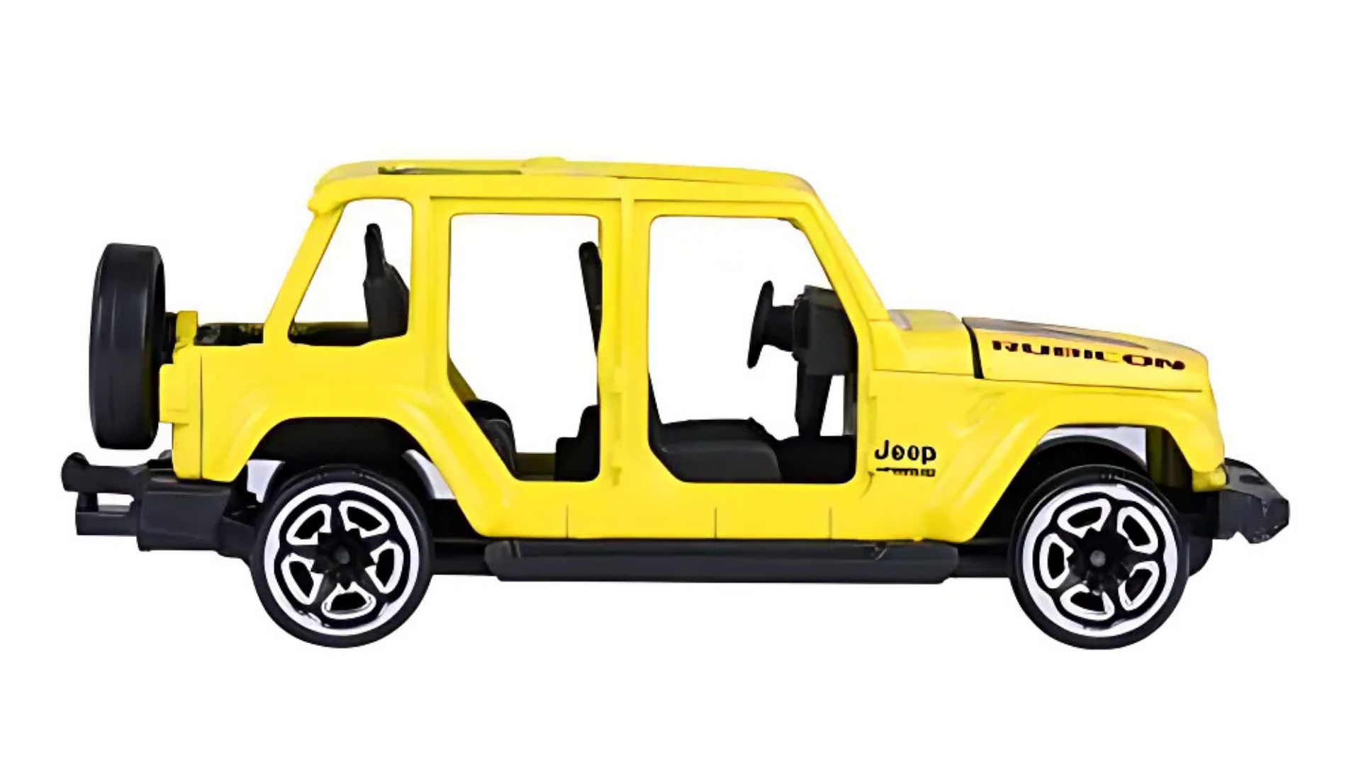 Żółty model samochodu terenowego z otwartymi drzwiami i czarnymi detalami. Na masce widoczny napis \'RUBICON\', a na boku \'Jeep\'.