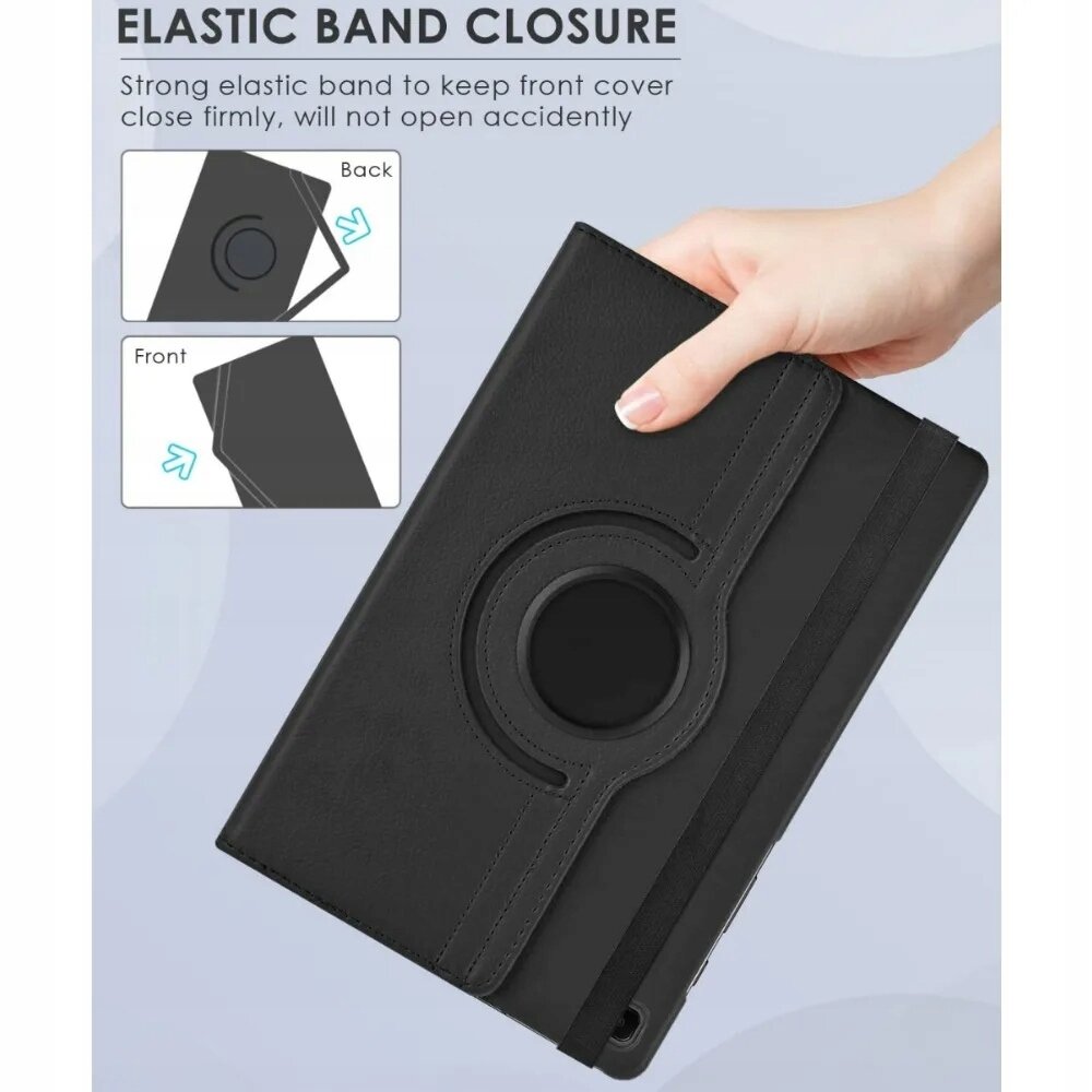 Obraz przedstawia czarne etui obrotowe trzymane w dłoni, z widocznym okrągłym elementem na środku. Na górze znajduje się tekst: \'ELASTIC BAND CLOSURE Strong elastic band to keep front cover close firmly, will not open accidently\'.