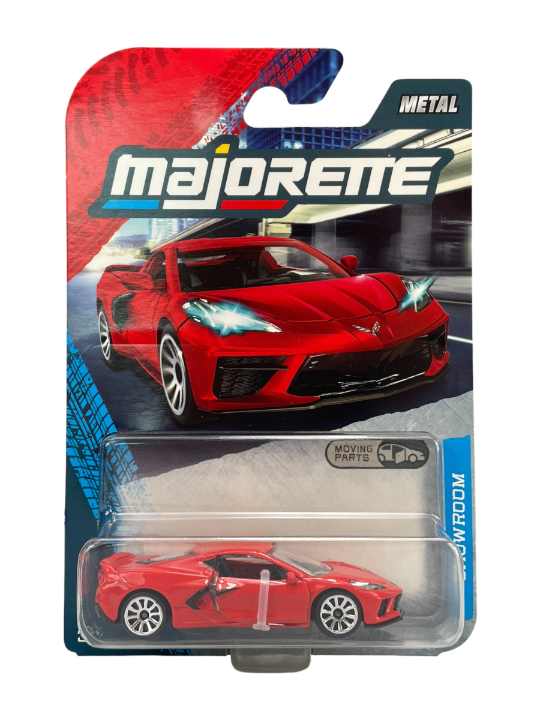 Opakowanie z metalowym modelem samochodu w skali 1:64, przedstawiające czerwony samochód sportowy. Na opakowaniu widnieje logo \'majorette\' oraz napis \'METAL\' i \'MOVING PARTS\'.