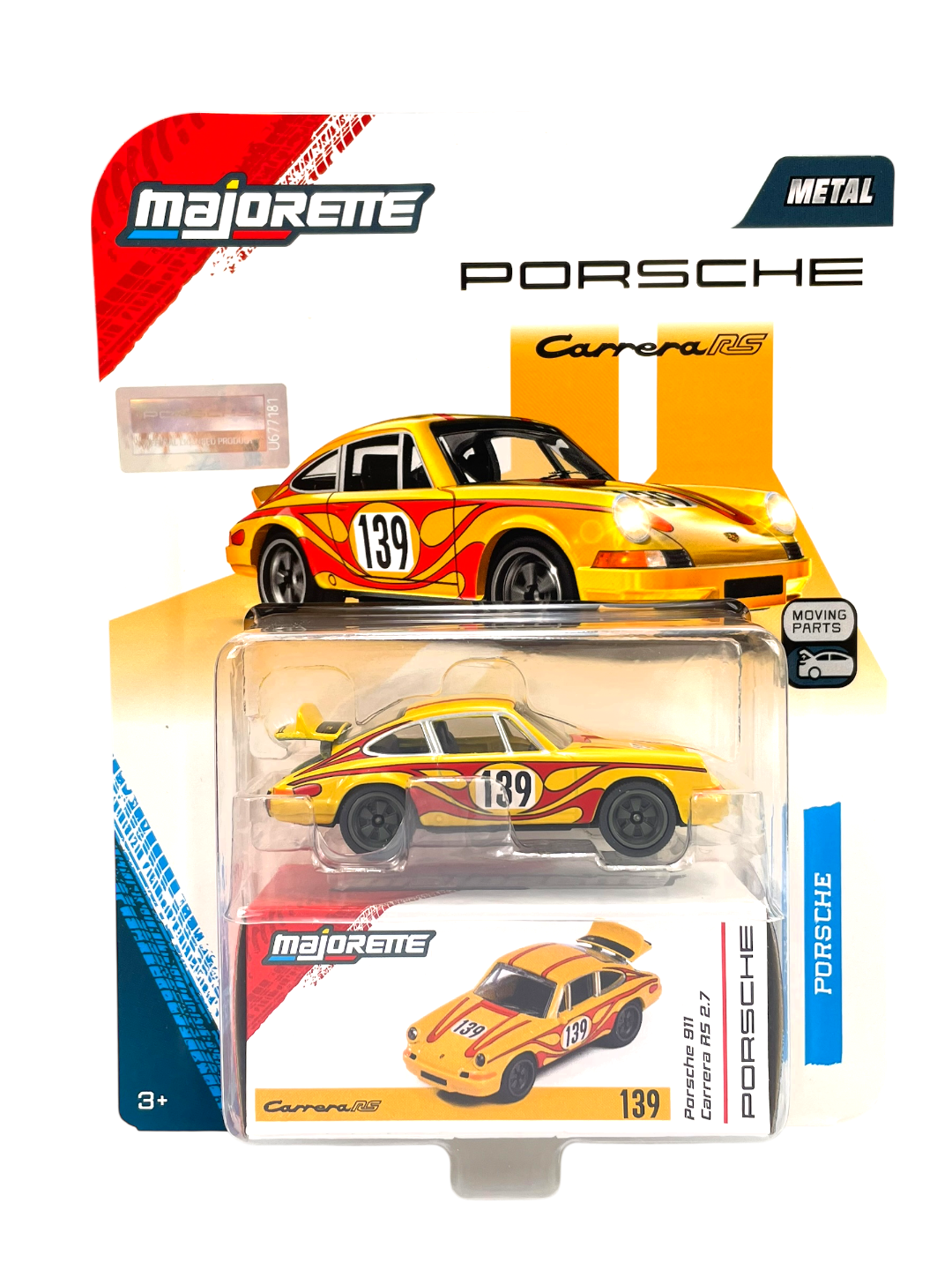 Opakowanie z metalowym modelem samochodu Majorette Porsche 911 Carrera RS 2.7 w kolorze żółtym z czerwonymi wzorami i numerem 139. Na opakowaniu widoczne są napisy: \'Majorette\', \'Porsche\', \'Carrera RS\', \'Metal\', oraz \'Moving Parts\'.