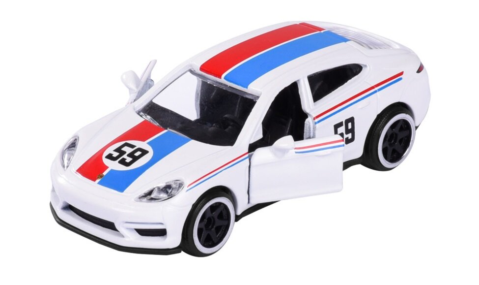 Model samochodu w skali 1:64, biały z czerwono-niebieskimi pasami i numerem 59 na masce. Drzwi są otwarte, a koła czarne.