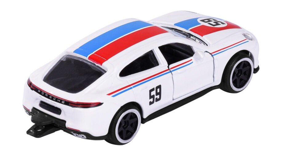 Model samochodu w kolorze białym z czerwono-niebieskimi pasami i numerem 59 na boku. Na tylnej części widoczny napis \'Porsche\'.