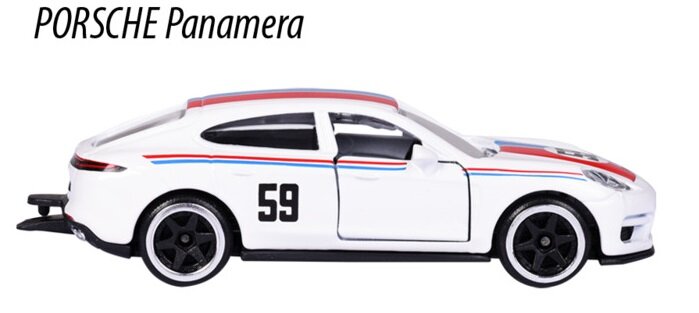 Model samochodu w skali 1:64 przedstawiający biały pojazd z numerem 59 na drzwiach i kolorowymi paskami na karoserii. Nad modelem widoczny jest napis \'PORSCHE Panamera\'.