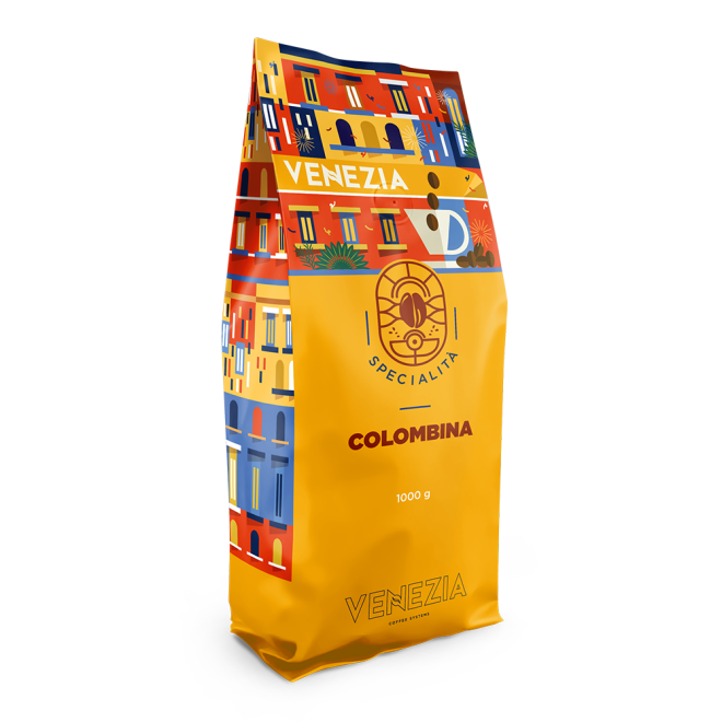 Opakowanie kawy ziarnistej z kolorową grafiką przedstawiającą budynki i filiżankę. Widoczny tekst: \'VENEZIA SPECIALITÀ COLOMBINA 1000 g\'.