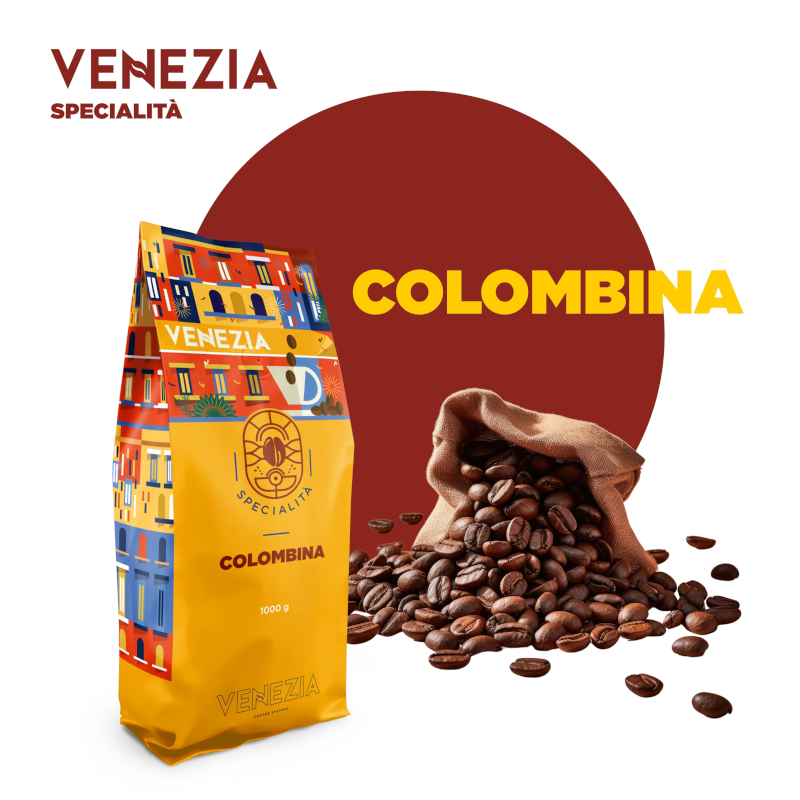 Opakowanie kawy ziarnistej Venezia Specialità Colombina 1000 g z kolorową grafiką budynków. Obok znajduje się rozsypana kawa ziarnista z worka.