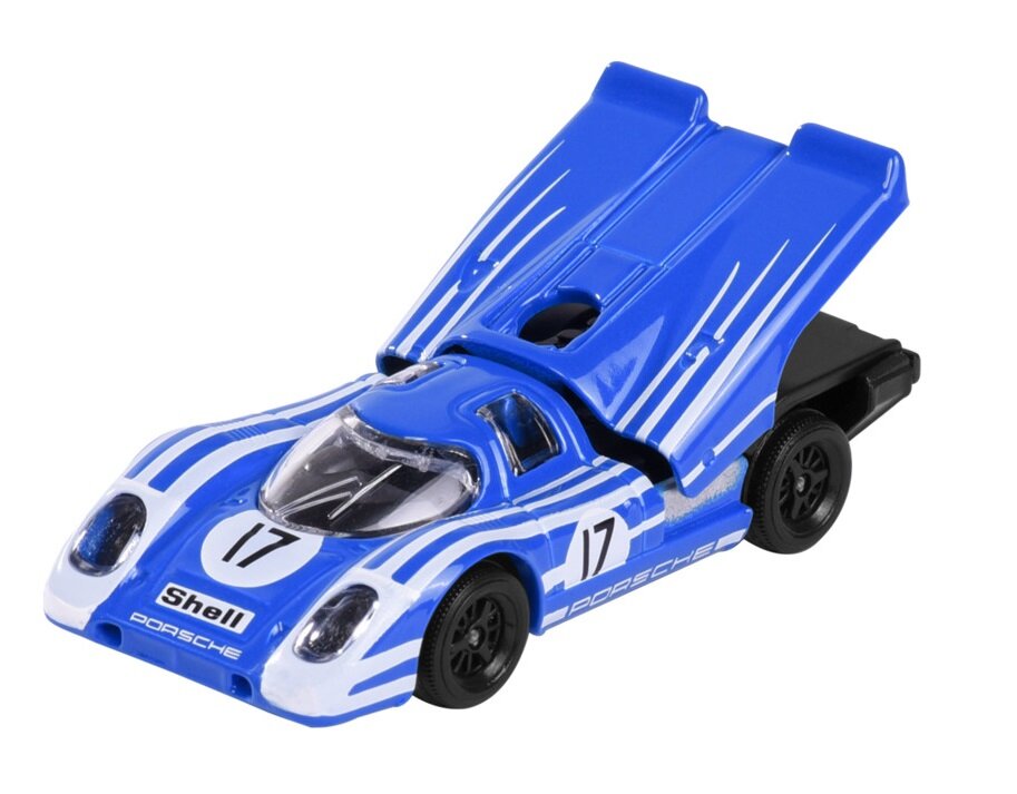 Model samochodu wyścigowego w kolorze niebieskim z białymi pasami, oznaczony numerem 17. Na przodzie widoczne są napisy \'Shell\' i \'Porsche\'.