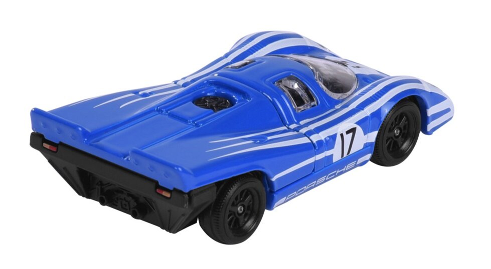 Niebieski model samochodu wyścigowego z białymi paskami i numerem 17 na boku. Na boku widoczny jest napis \'Porsche\'.