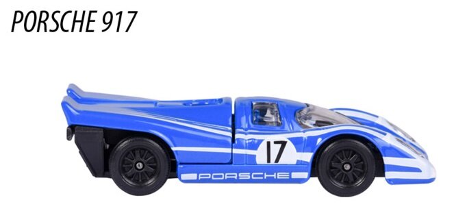 Model samochodu wyścigowego w kolorze niebieskim z białymi pasami i numerem 17 na boku. Nad modelem widoczny jest napis \'PORSCHE 917\'.