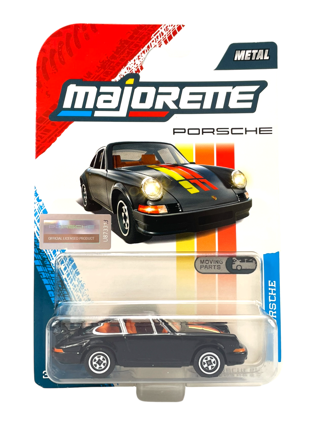 Opakowanie modelu samochodu Majorette Porsche z widocznym czarnym modelem Porsche 911 Carrera RS 2.7. Na opakowaniu znajdują się napisy: \'Majorette\', \'Porsche\', \'Metal\', \'Moving Parts\', oraz logo Porsche.