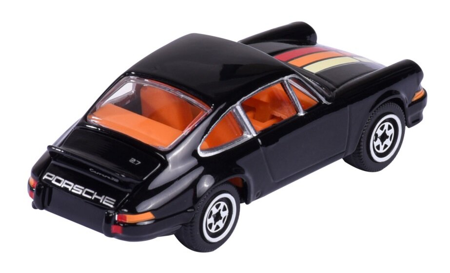 Model samochodu w kolorze czarnym z pomarańczowym wnętrzem, posiada napis \'Porsche\' z tyłu. Na karoserii widoczne są kolorowe pasy, a na boku napis \'Carrera RS\'.