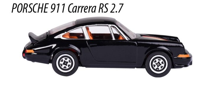 Model samochodu Porsche 911 Carrera RS 2.7 w kolorze czarnym, widoczny z boku. Nad modelem znajduje się tekst: \'PORSCHE 911 Carrera RS 2.7\'.