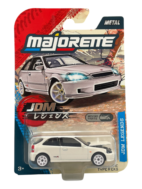 Opakowanie z modelem samochodu Majorette JDM Legends Honda Civic Type R EK9 w skali 1:64, w kolorze białym. Na opakowaniu widnieje napis \'MAJORETTE\', \'JDM\', \'MOVING PARTS\' oraz \'JDM LEGENDS\'.