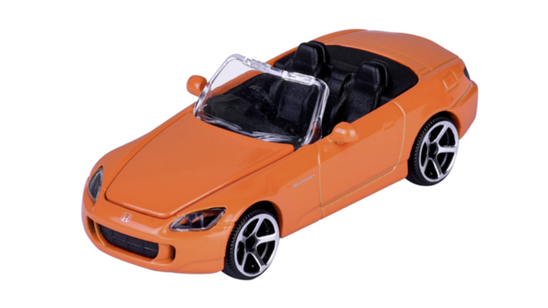 Model samochodu w skali 1:64, przedstawiający pomarańczowy kabriolet z czarnym wnętrzem i srebrnymi felgami. Na przodzie widoczne jest logo Honda.