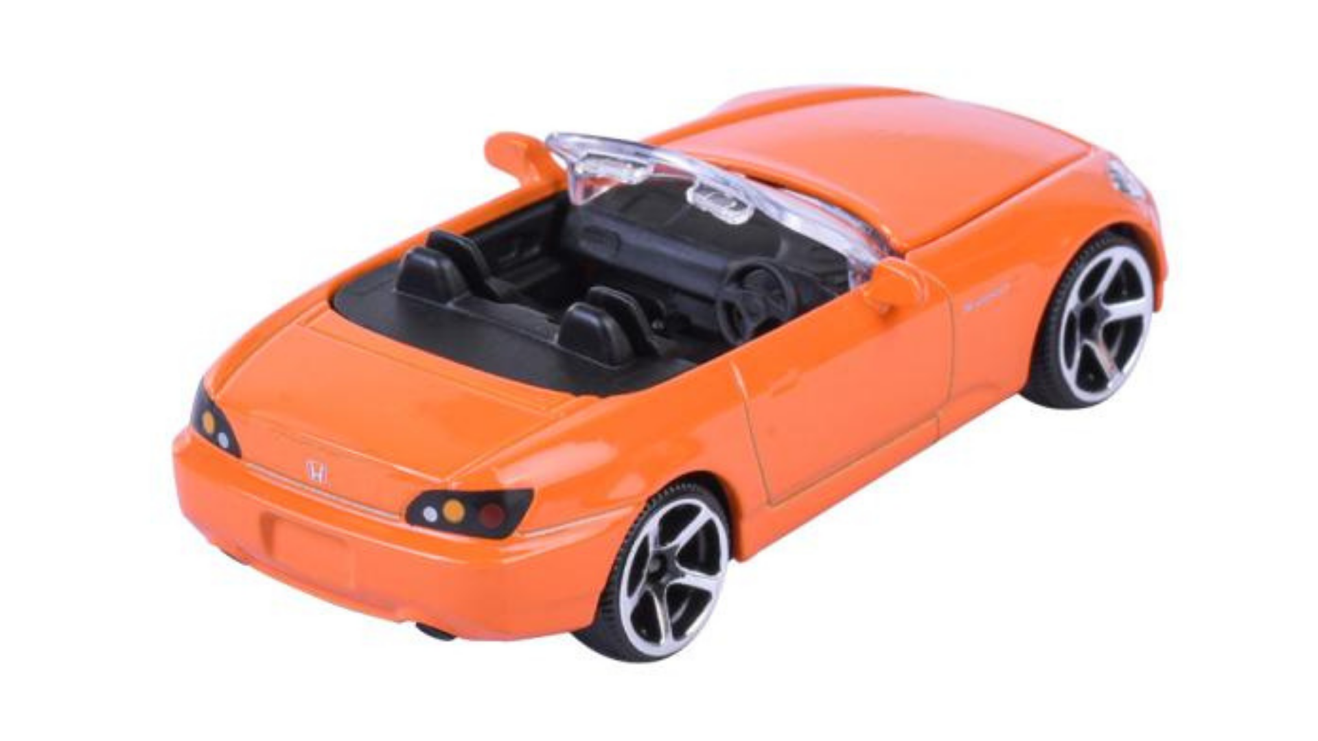 Pomarańczowy model samochodu sportowego w skali 1:64 z otwartym dachem i czarnym wnętrzem. Na tylnej części widoczne jest logo \'H\'.