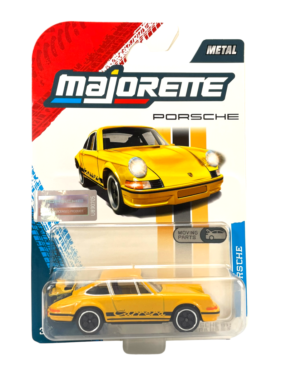 Opakowanie z metalowym modelem samochodu w kolorze żółtym, przedstawiające Porsche 911 Carrera RS 2.7. Na opakowaniu widoczne są napisy: \'majorette\', \'Porsche\', \'METAL\', \'MOVING PARTS\'.