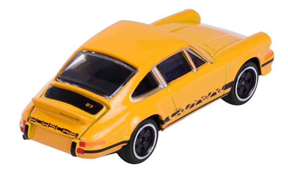 Żółty model samochodu Porsche 911 Carrera RS 2.7 z czarnymi detalami i napisem \'Carrera\' na boku. Samochód ma czarne felgi i widoczne tylne światła.