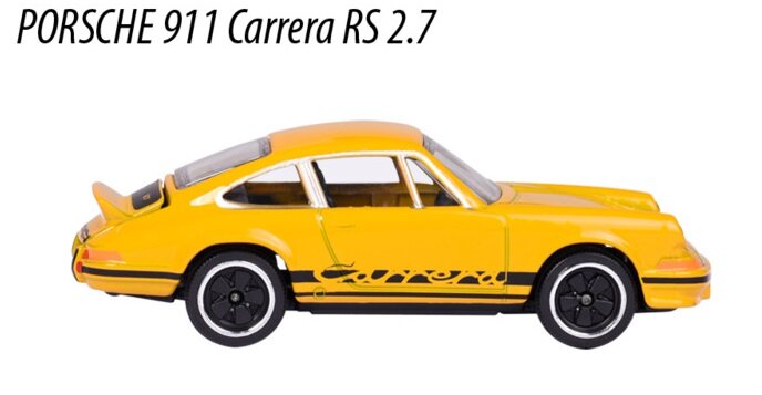 Model samochodu Porsche 911 Carrera RS 2.7 w kolorze żółtym z czarnymi detalami. Na górze obrazu widoczny jest tekst: \'PORSCHE 911 Carrera RS 2.7\'.