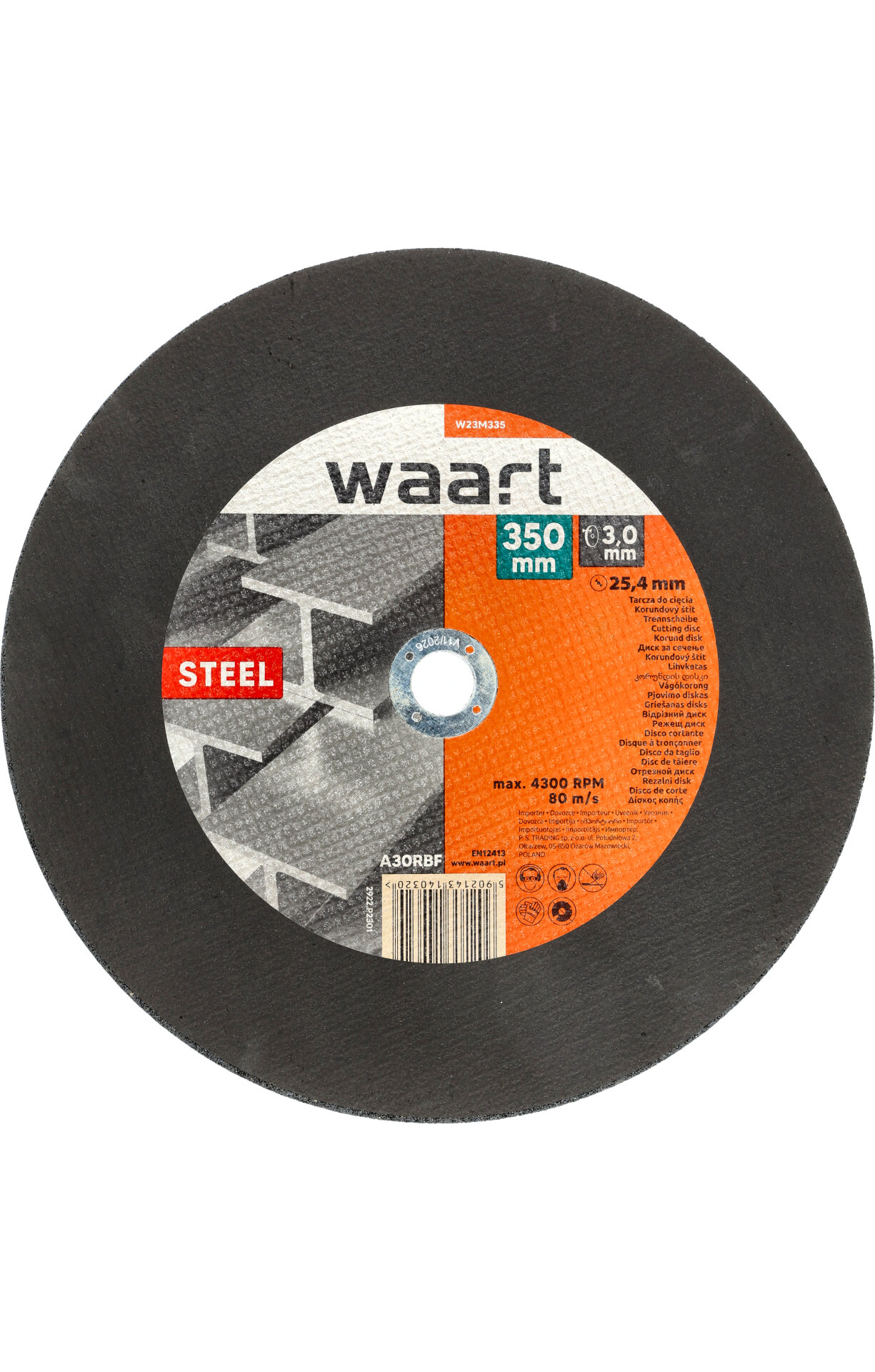 Na obrazie widoczna jest tarcza korundowa z napisem \'waart 350 mm\' oraz oznaczeniami dotyczącymi specyfikacji, takimi jak \'STEEL\' i \'max. 4300 RPM\'.