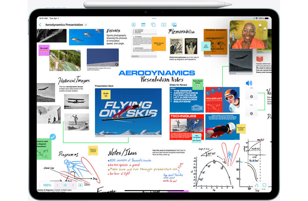 Tablet wyświetla ekran z prezentacją dotyczącą aerodynamiki, zawierającą różnorodne obrazy, notatki i wykresy. Widoczny jest tekst \'FLYING ON SKIS\' oraz \'AERODYNAMICS Presentation Notes\'.