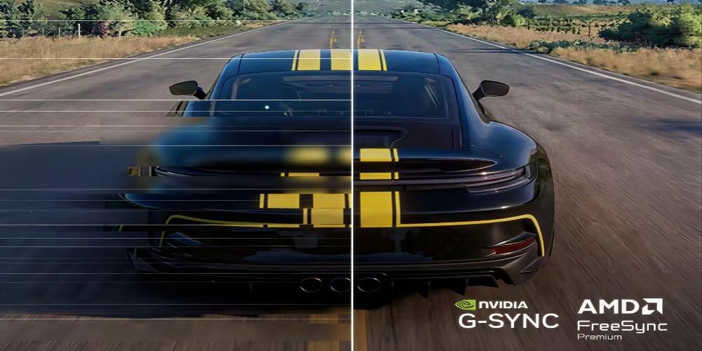 Grafika porównująca wyświetlanie obrazu bez oraz z Nvidia G-sync oraz AMD FreeSync.