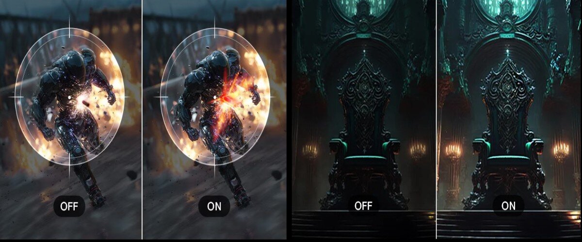 Grafika porównująca ekran bez Dynamic Action Sync i bez - dodatkowo występuje porównanie obrazu bez funkcji Black Stabilizer i z nią.