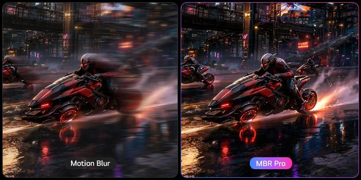 Grafika porównująca wyświetlanie obrazu z funkcją Motion Blur oraz MBR Pro.
