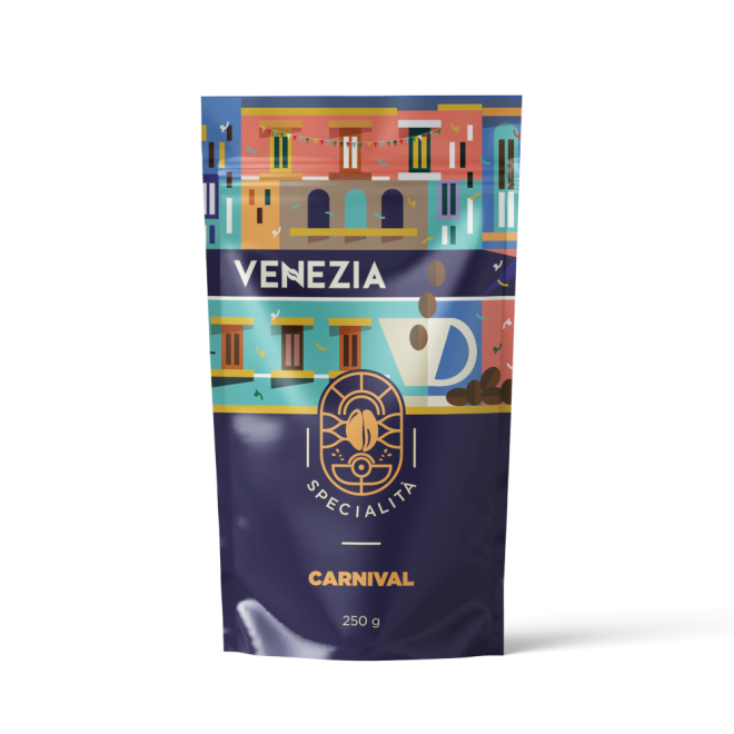 Opakowanie kawy ziarnistej z kolorową grafiką przedstawiającą budynki i filiżankę kawy. Widoczny tekst: \'VENEZIA SPECIALITÀ CARNIVAL 250 g\'.