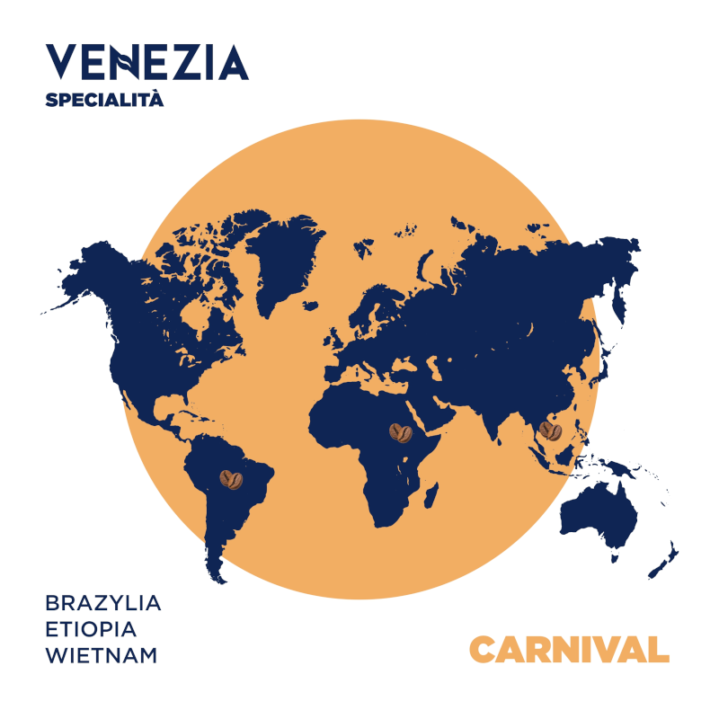 Na obrazie znajduje się mapa świata w kolorze granatowym na pomarańczowym tle, z zaznaczonymi ikonami ziaren kawy. Widoczny jest tekst: \'VENEZIA SPECIALITÀ\', \'BRAZYLIA ETIOPIA WIETNAM\' oraz \'CARNIVAL\'.