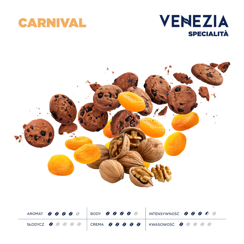 Na obrazie widoczne są ciastka z kawałkami czekolady, suszone morele i orzechy włoskie. Tekst: \'CARNIVAL\', \'VENEZIA SPECIALITÀ\', oraz oceny: \'AROMAT\', \'BODY\', \'INTENSYWNOŚĆ\', \'SŁODYCZ\', \'CREMA\', \'KWASOWOŚĆ\'.
