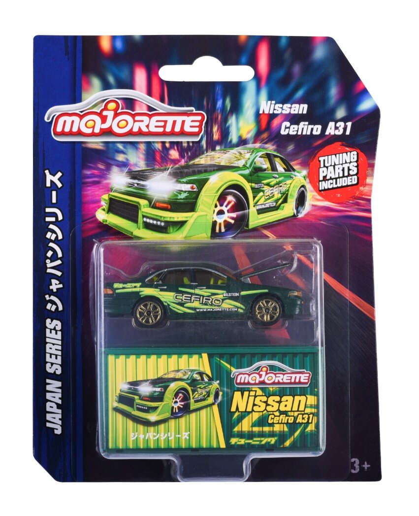 Opakowanie z modelem samochodu Majorette Japan Series Nissan Cefiro A31 w kolorze zielonym. Na opakowaniu widnieje napis \'Tuning Parts Included\' oraz logo Majorette.