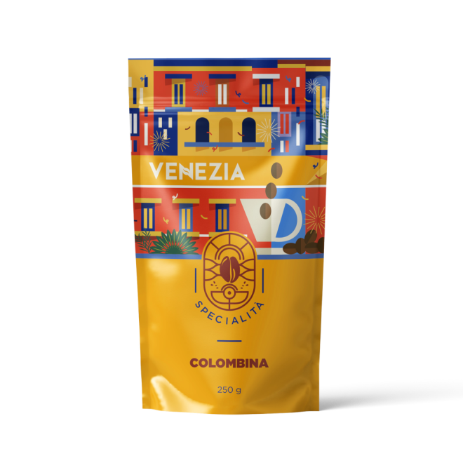 Opakowanie kawy ziarnistej z kolorową grafiką przedstawiającą budynki i filiżankę. Na opakowaniu widnieje tekst: \'VENEZIA SPECIALITÀ COLOMBINA 250 g\'.